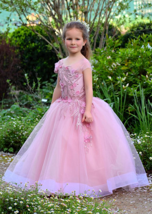 Mauve Lace Tulle V Back Floor Length Flower Girl Dress